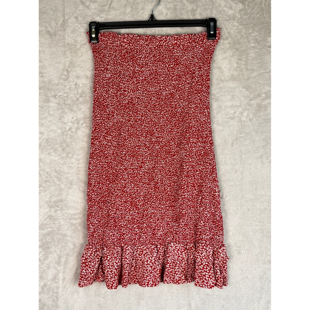 American Eagle Red Ditsy Floral Smocked Tube Dress Ruffle XS Boho Y2K Country